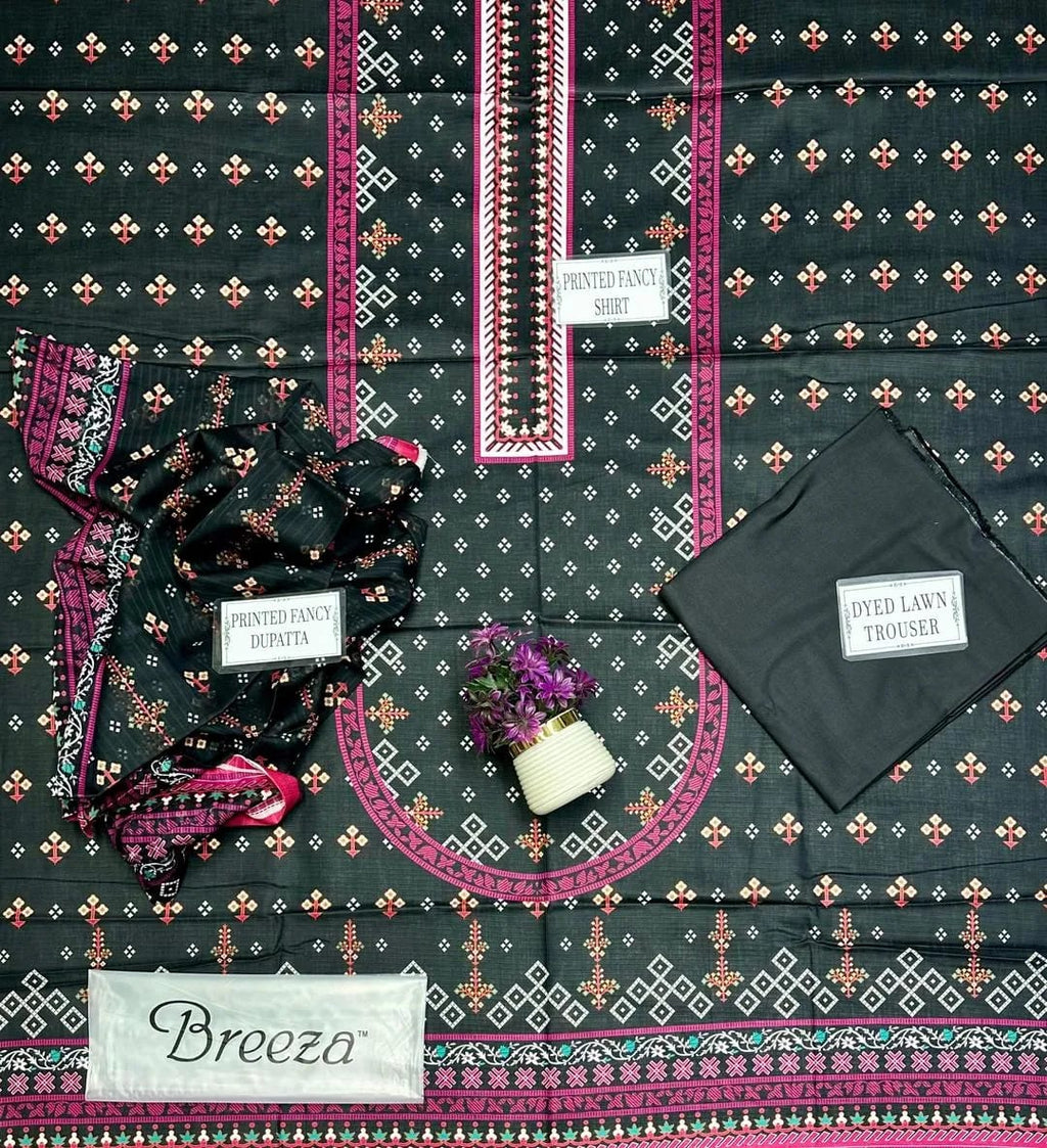 3-Piece Printed Black Lawn Suit - Unstitched