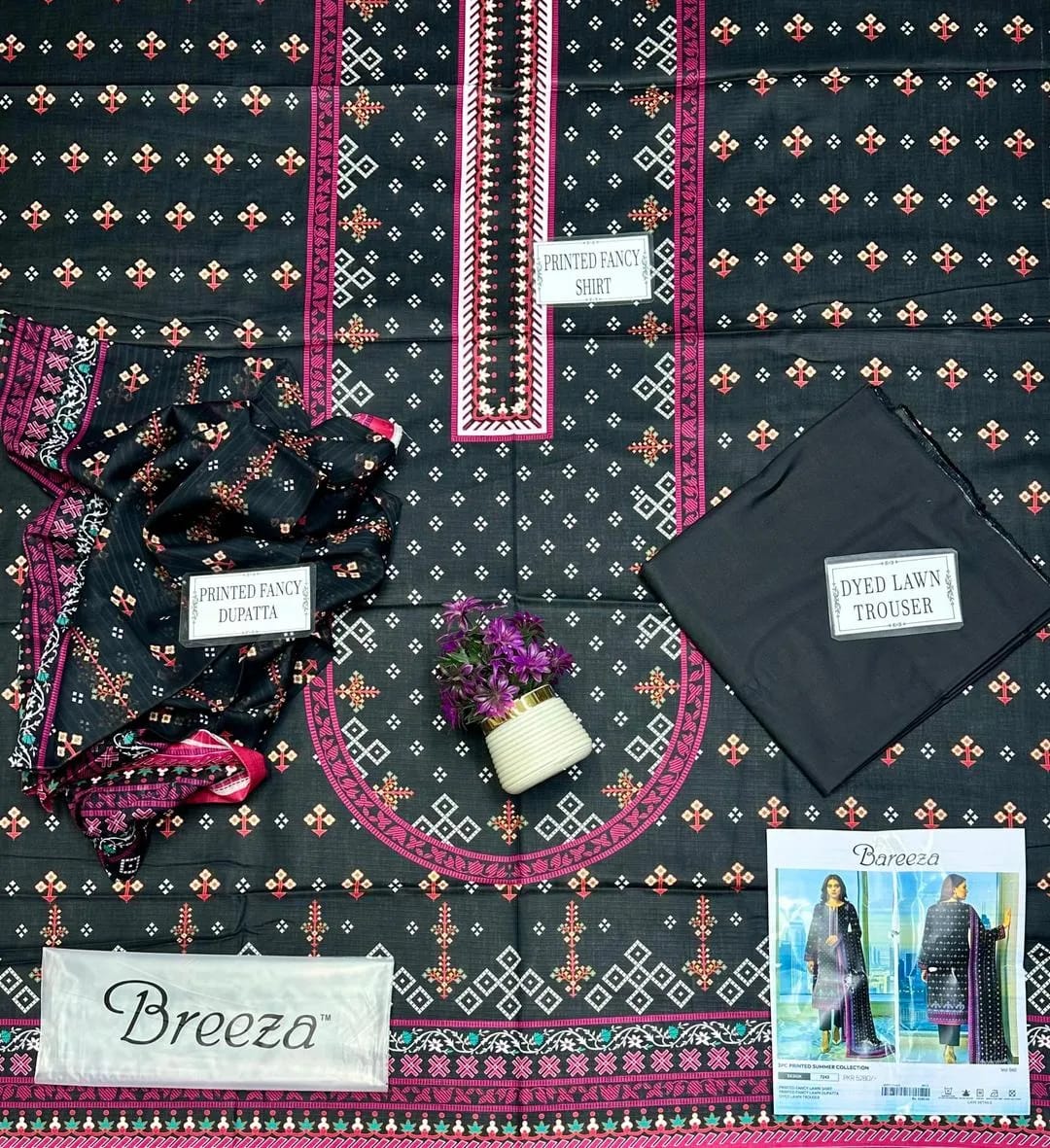 3-Piece Printed Black Lawn Suit - Unstitched
