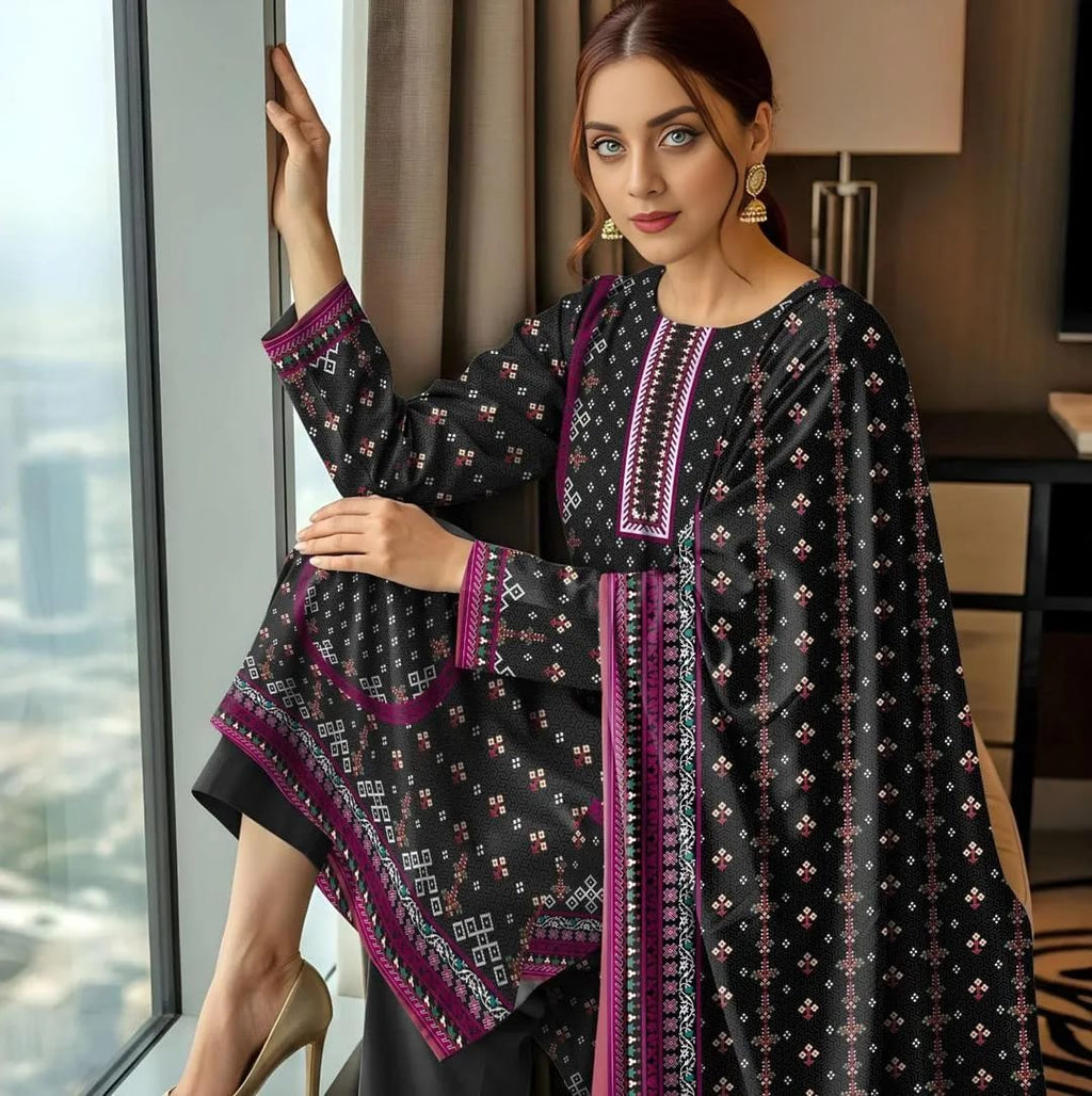 3-Piece Printed Black Lawn Suit - Unstitched
