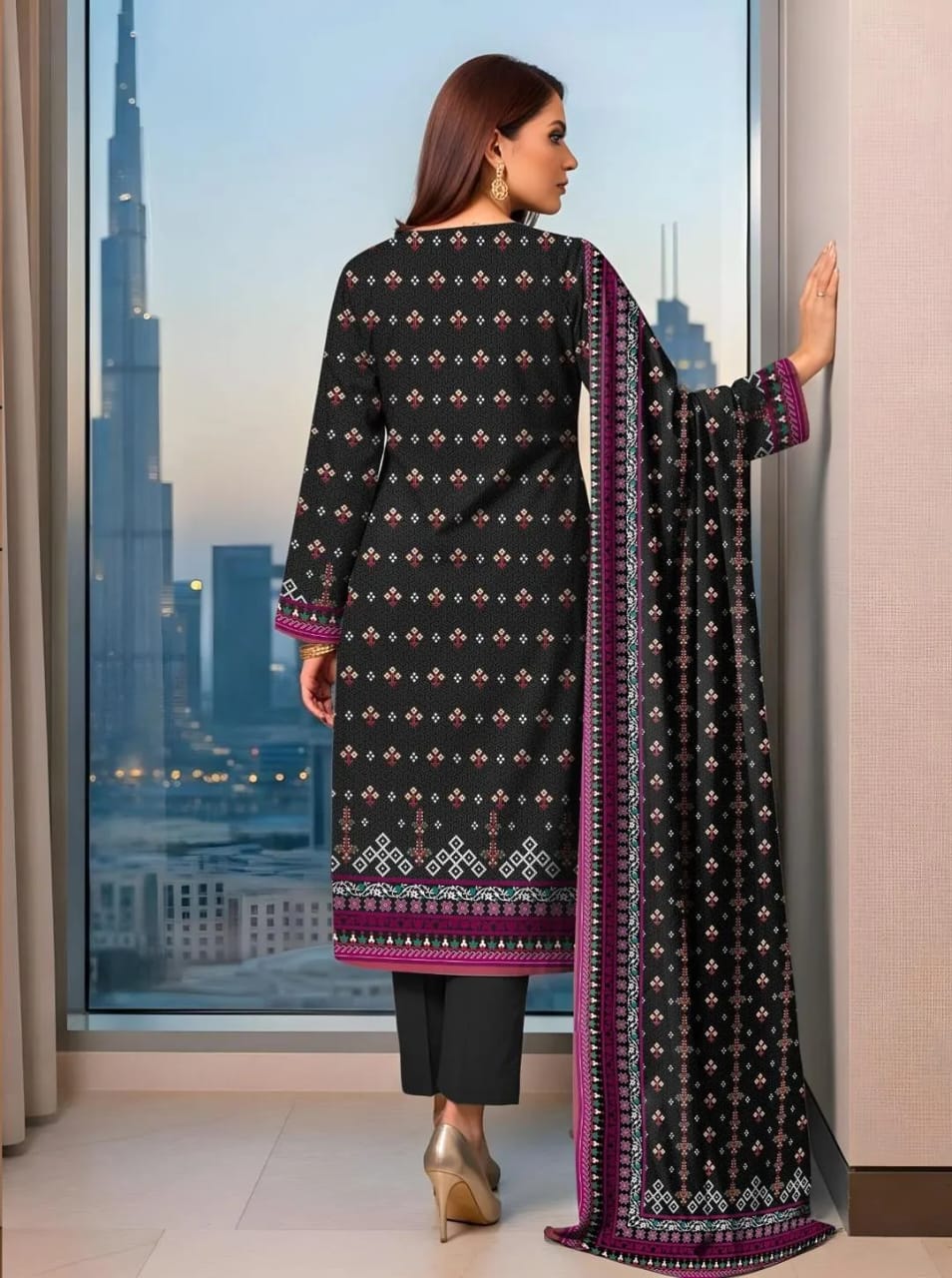 3-Piece Printed Black Lawn Suit - Unstitched