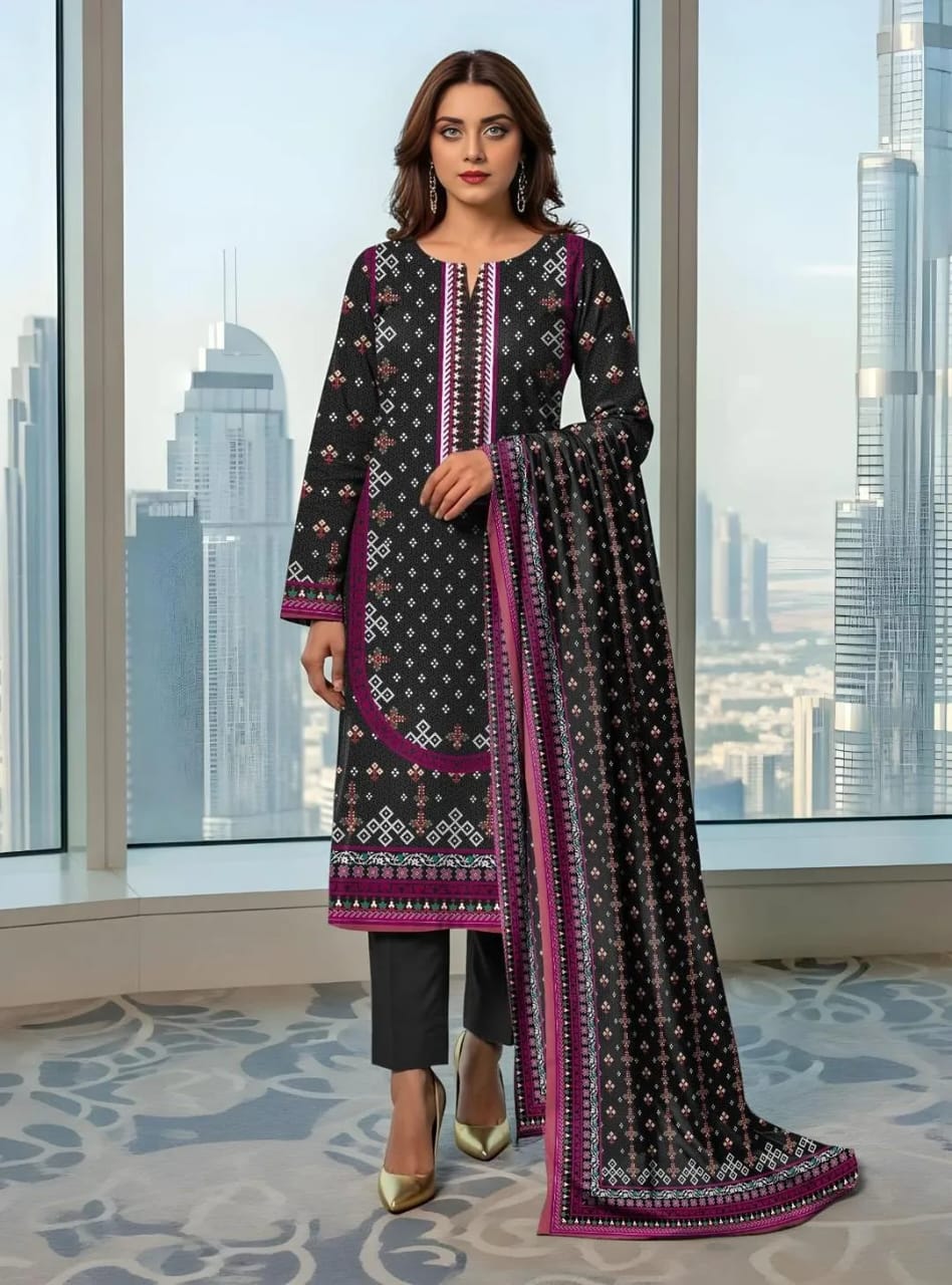 3-Piece Printed Black Lawn Suit - Unstitched