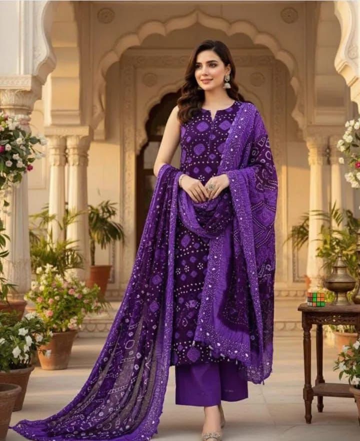 3-Piece Printed Purple Suit - Unstitched