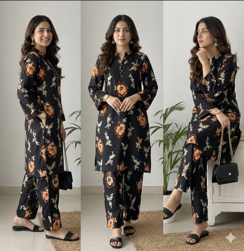 2-Piece Floral Black Orange Suit - Unstitched