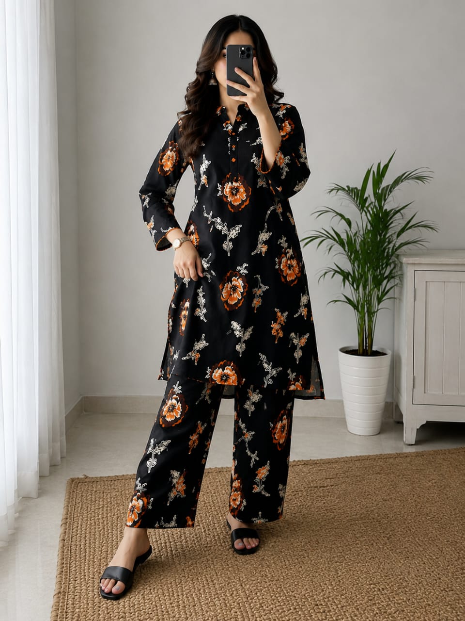2-Piece Floral Black Orange Suit - Unstitched