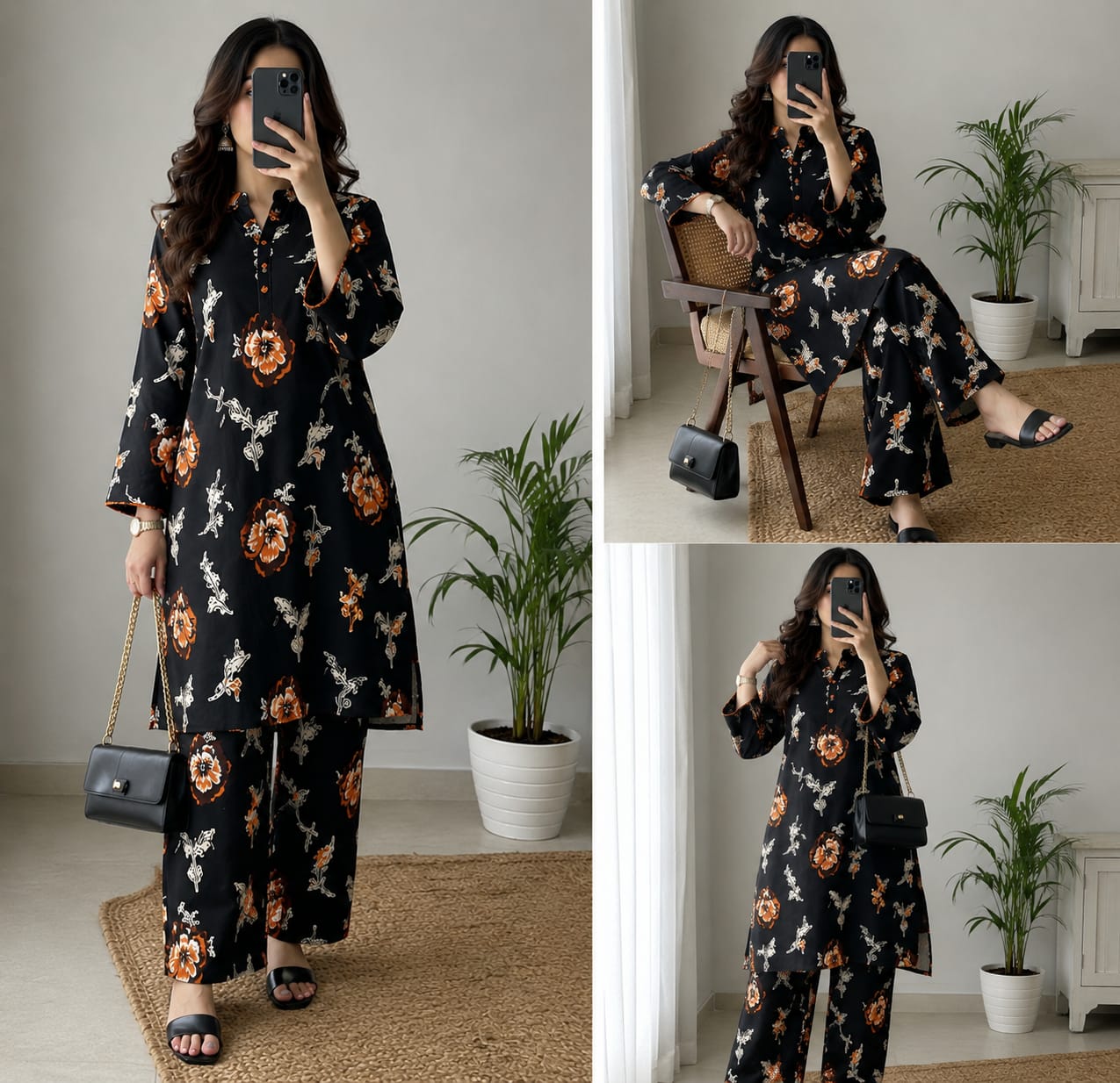 2-Piece Floral Black Orange Suit - Unstitched