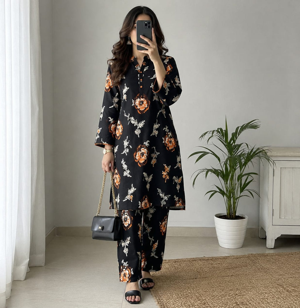 2-Piece Floral Black Orange Suit - Unstitched