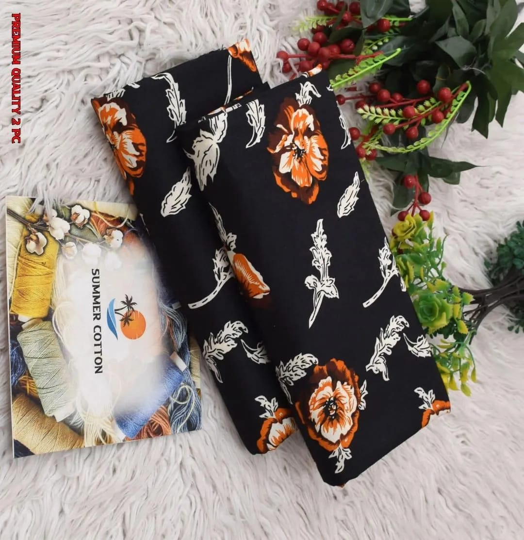 2-Piece Floral Black Orange Suit - Unstitched