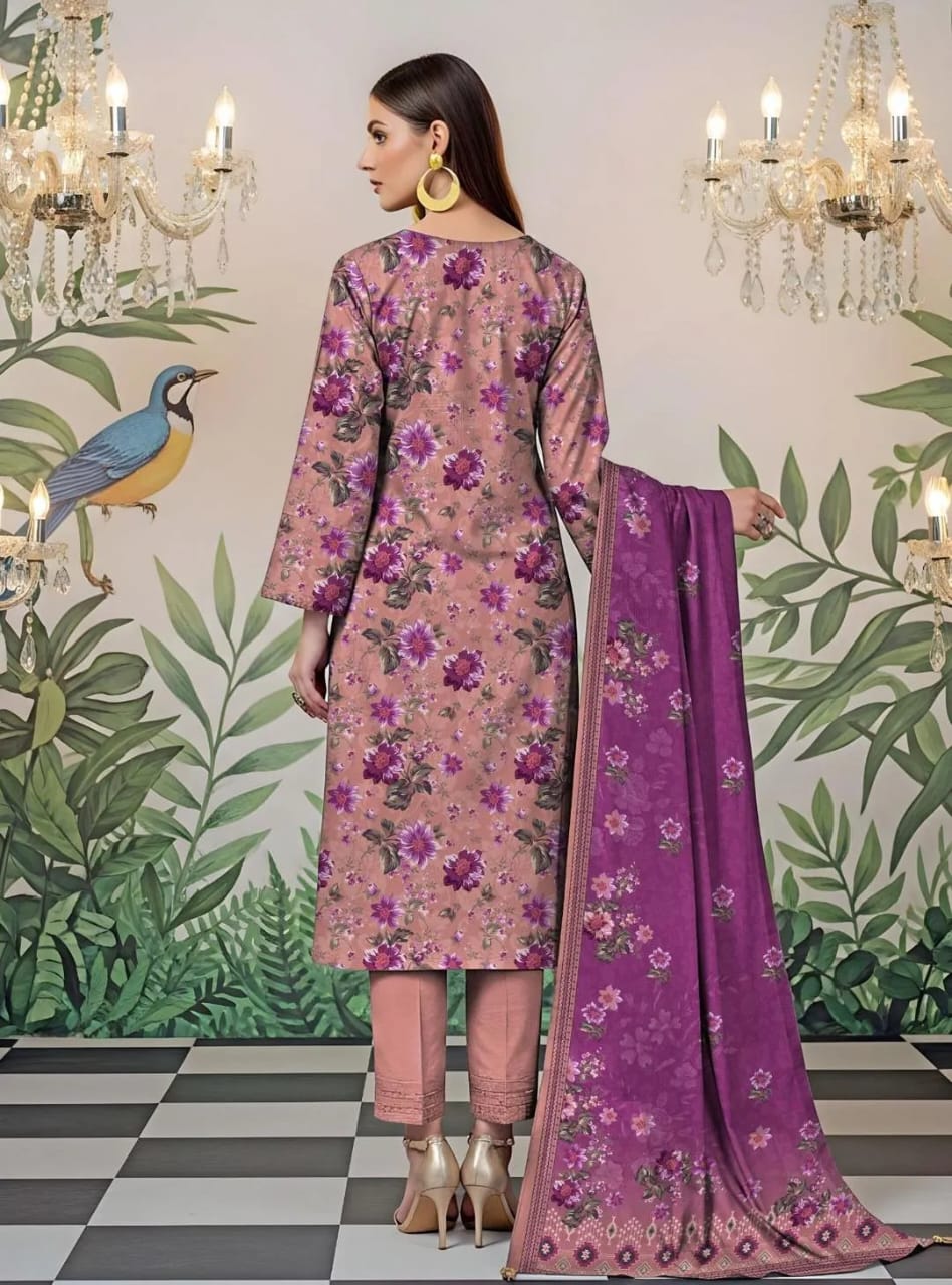 3-Piece Printed Lawn Suit Floral Pink Purple - Unstitched
