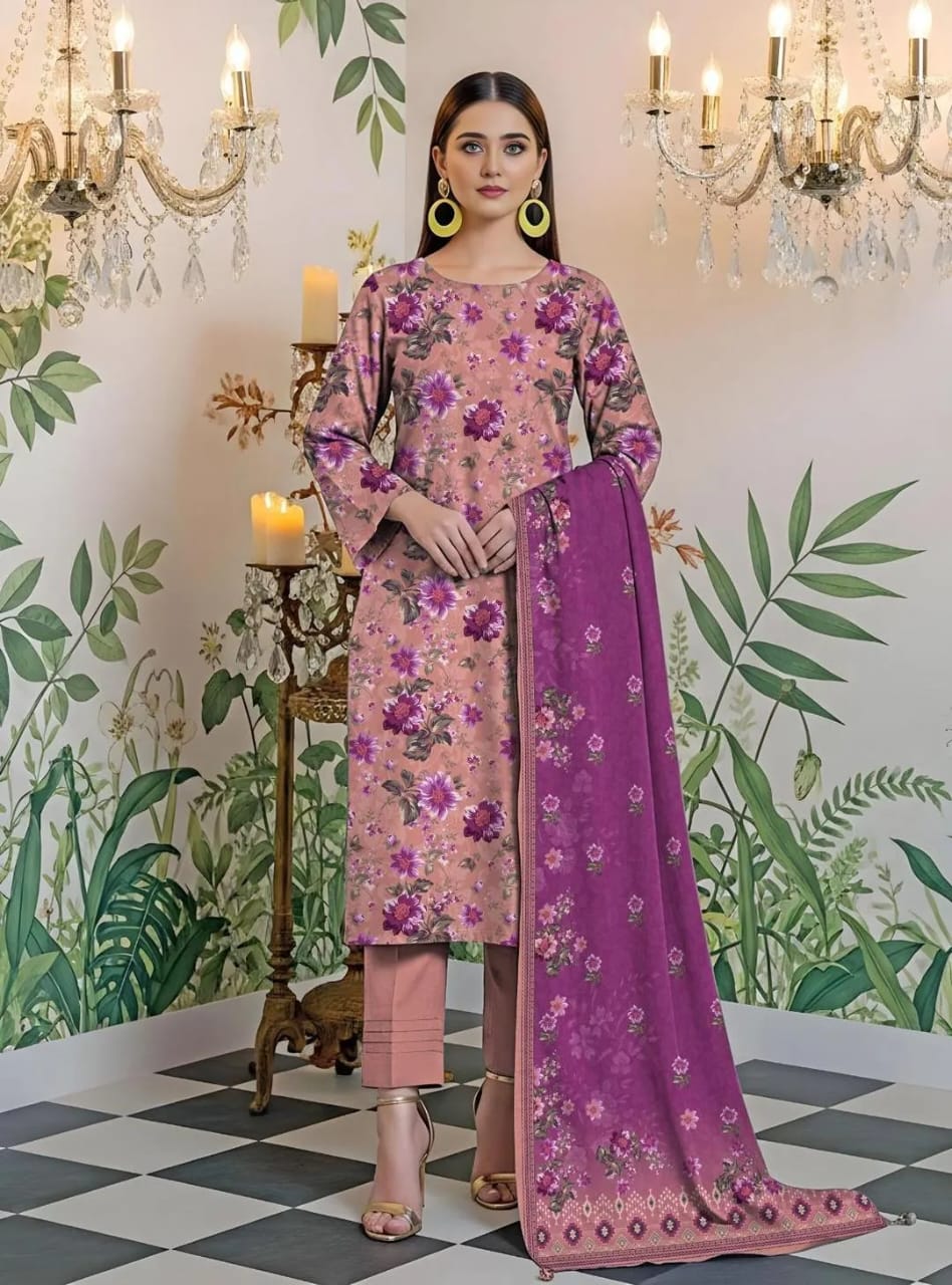 3-Piece Printed Lawn Suit Floral Pink Purple - Unstitched