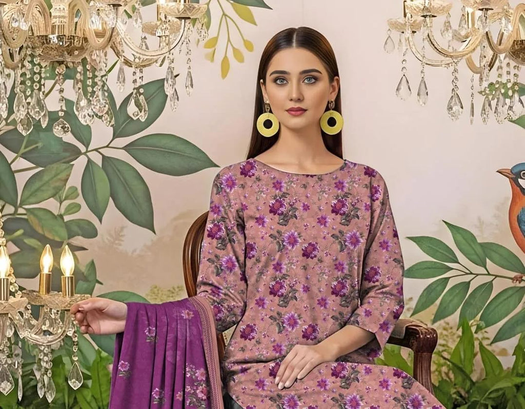 3-Piece Printed Lawn Suit Floral Pink Purple - Unstitched