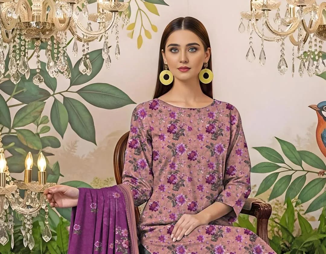 3-Piece Printed Lawn Suit Floral Pink Purple - Unstitched