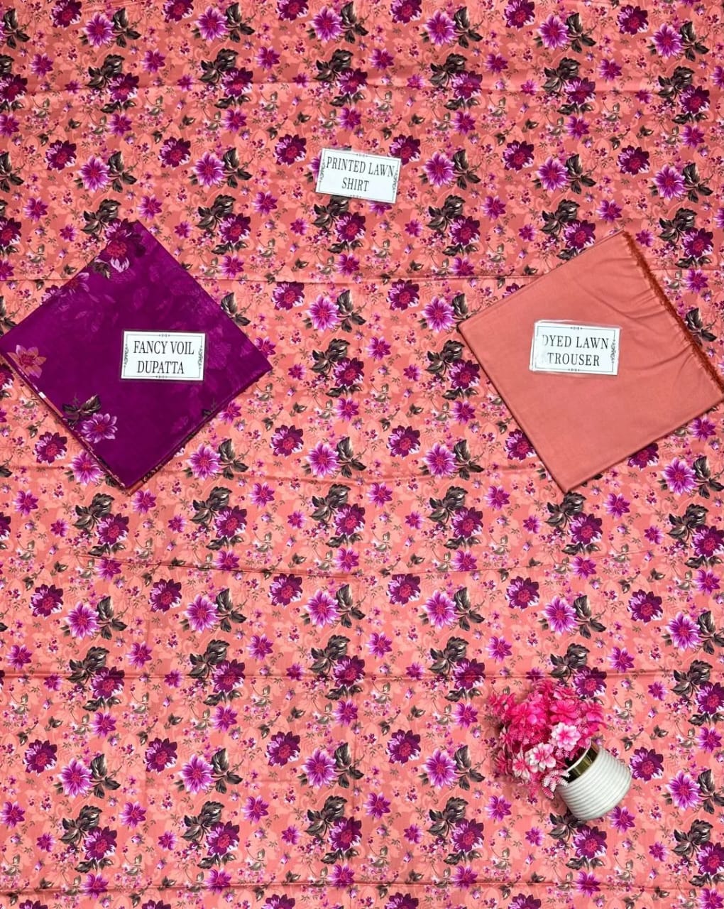 3-Piece Printed Lawn Suit Floral Pink Purple - Unstitched