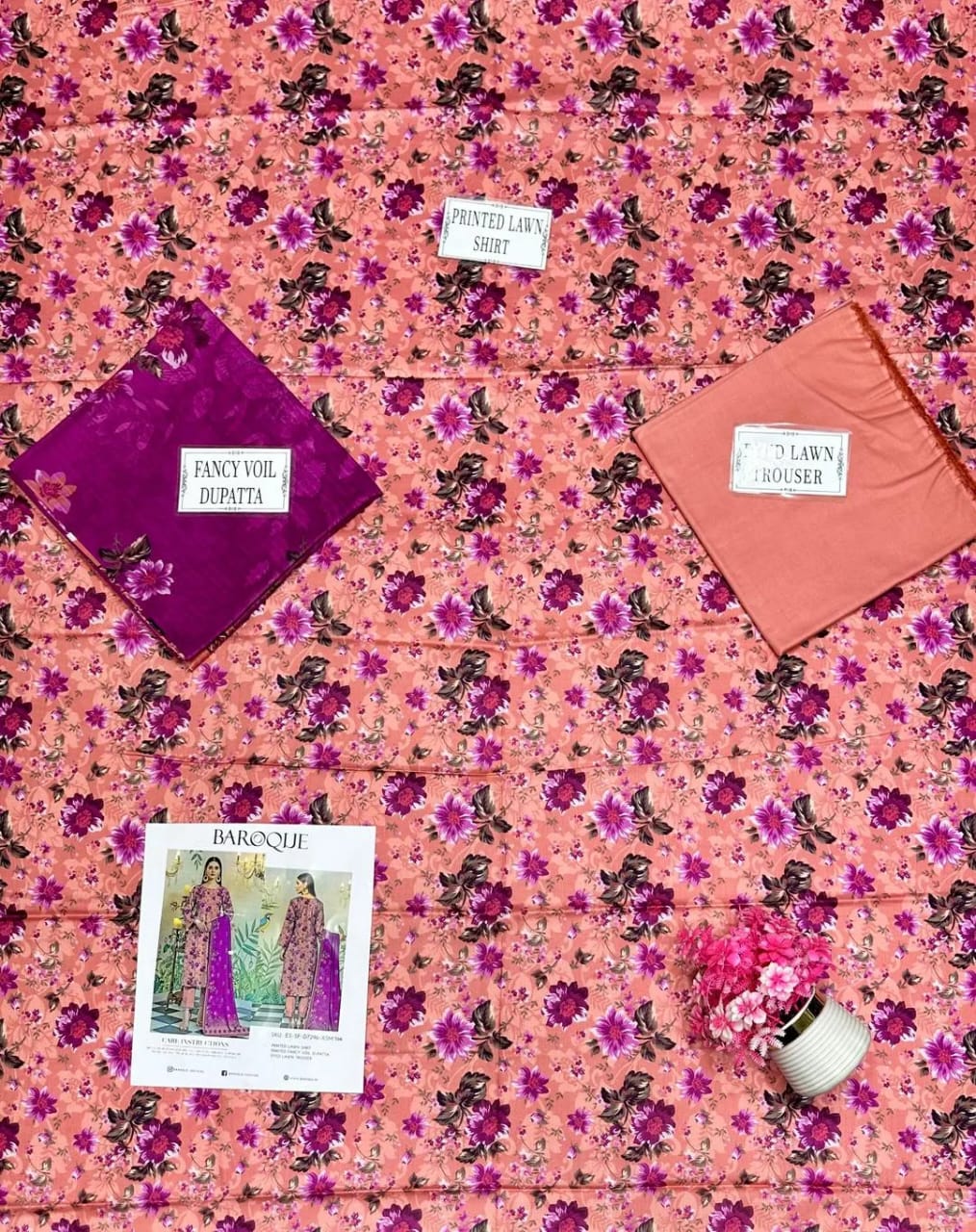 3-Piece Printed Lawn Suit Floral Pink Purple - Unstitched