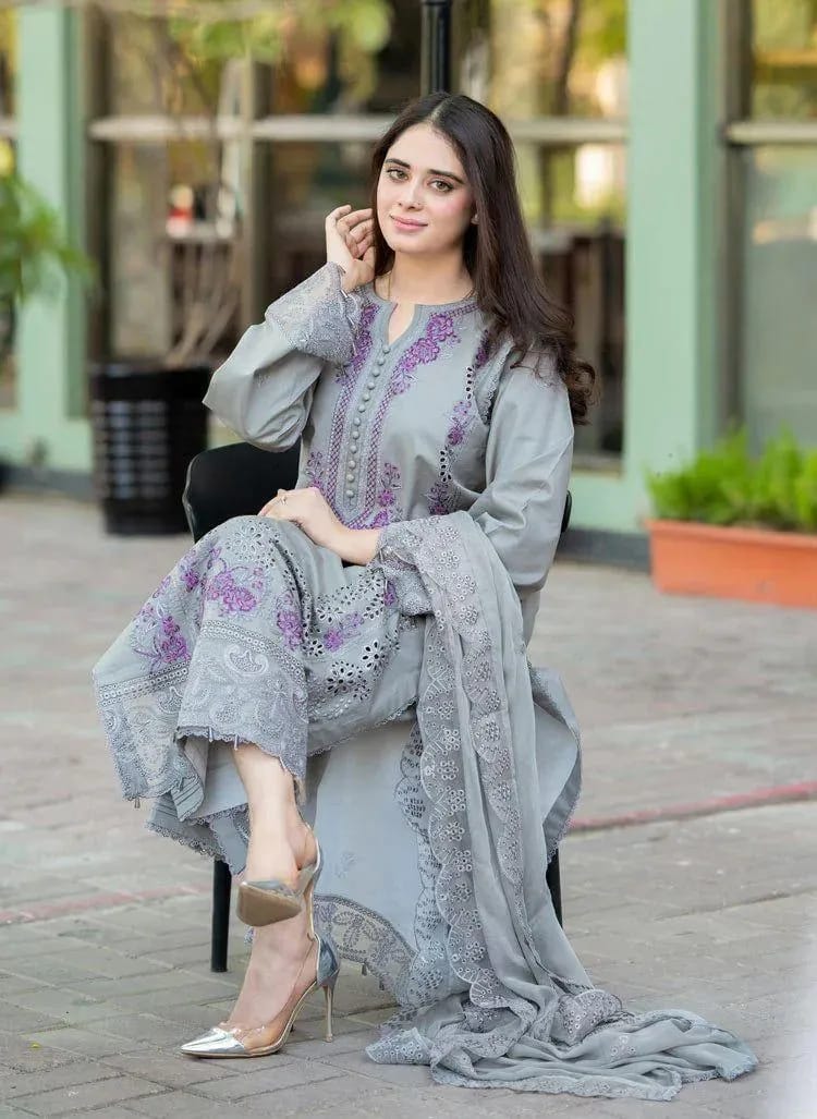 3-Piece Grey Embroidered Lawn Suit with Chikenkari Dupatta - Unstitched