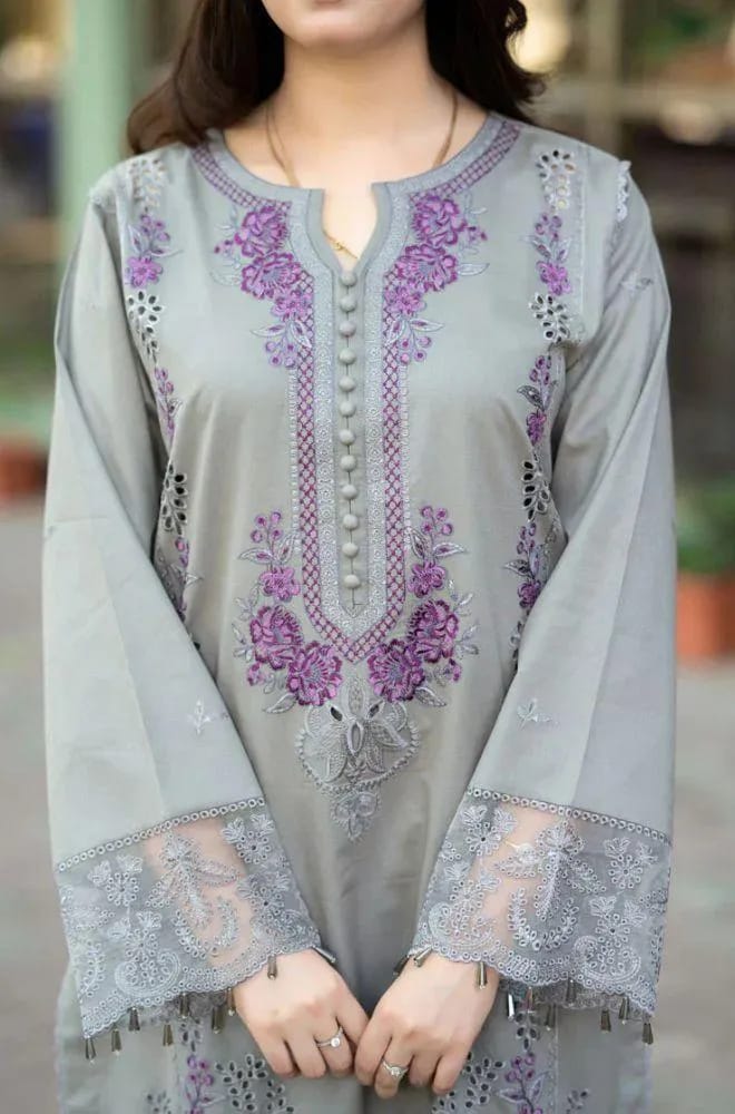 3-Piece Grey Embroidered Lawn Suit with Chikenkari Dupatta - Unstitched
