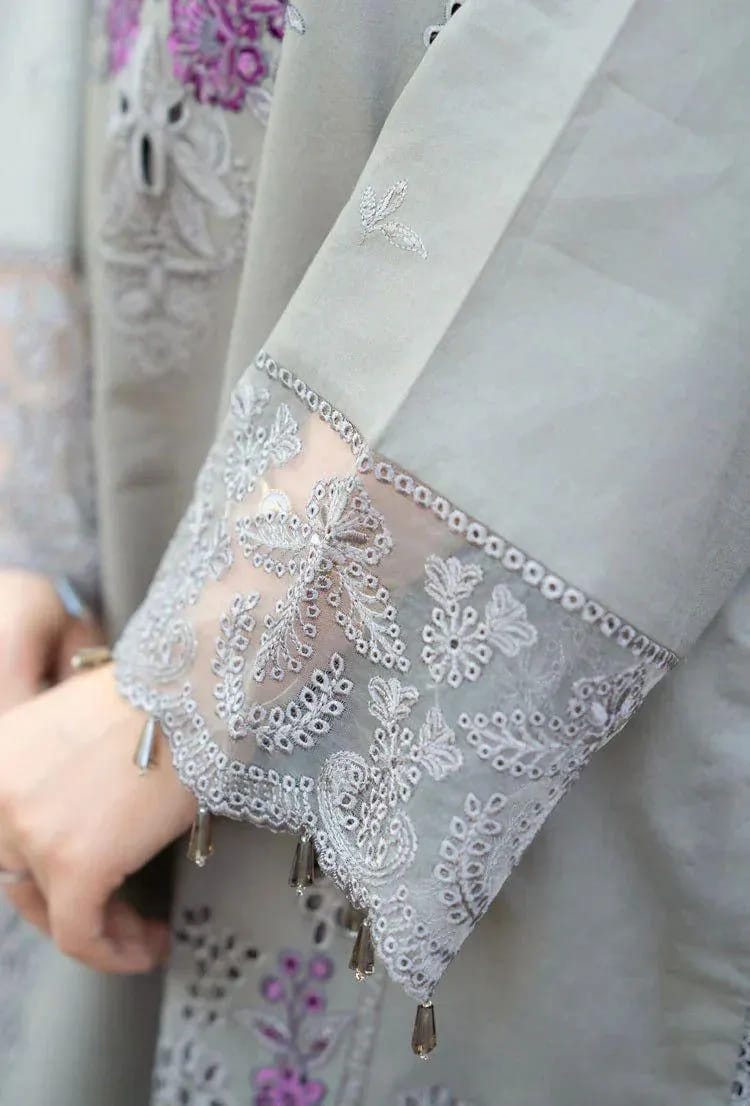 3-Piece Grey Embroidered Lawn Suit with Chikenkari Dupatta - Unstitched