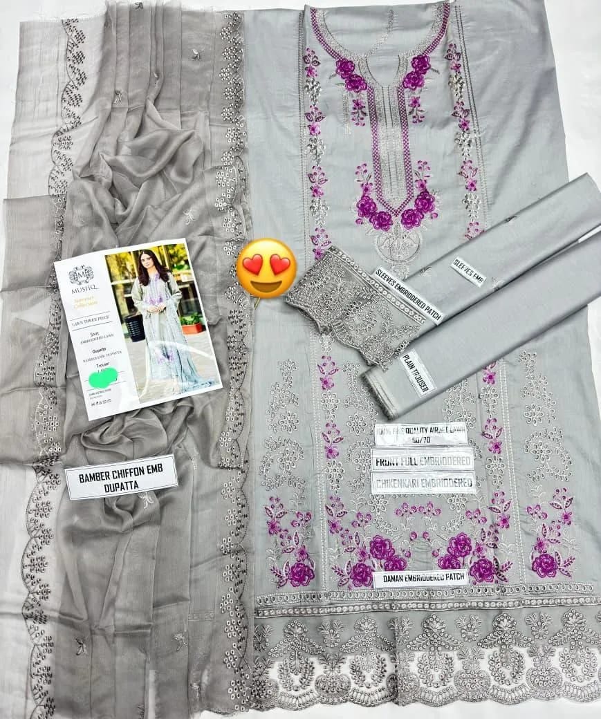 3-Piece Grey Embroidered Lawn Suit with Chikenkari Dupatta - Unstitched