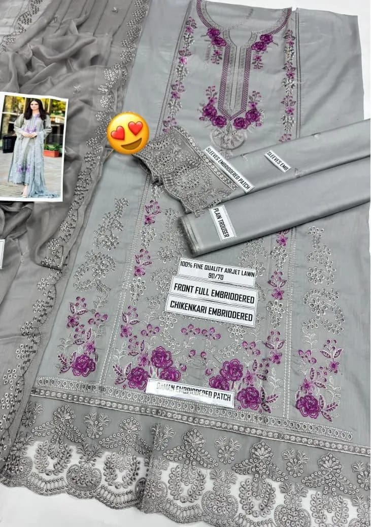 3-Piece Grey Embroidered Lawn Suit with Chikenkari Dupatta - Unstitched