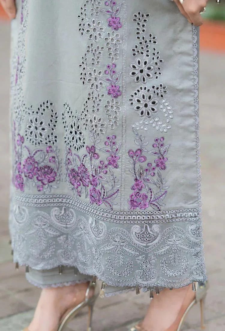 3-Piece Grey Embroidered Lawn Suit with Chikenkari Dupatta - Unstitched