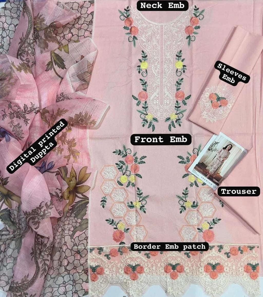 3 Piece Embroidered Lawn + Premium Handbag - 🌸 Summer Luxury Combo