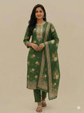 3-Piece Embroidered Floral Green Kurta Set - Unstitched