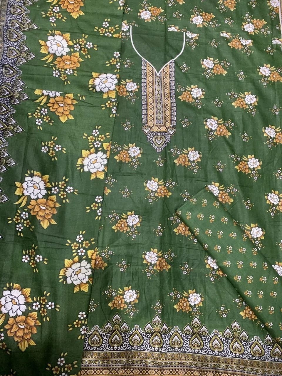 3-Piece Embroidered Floral Green Kurta Set - Unstitched