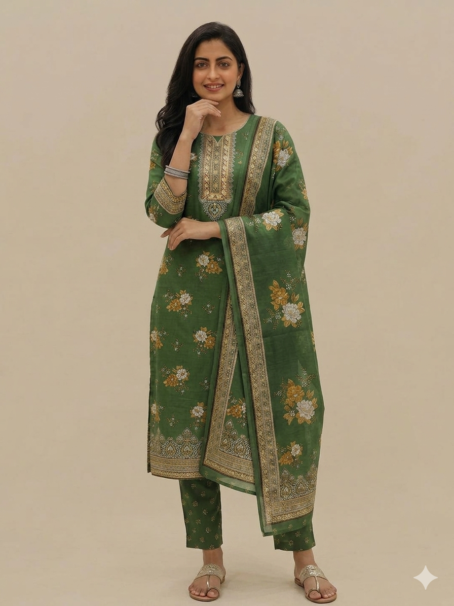 3-Piece Embroidered Floral Green Kurta Set - Unstitched