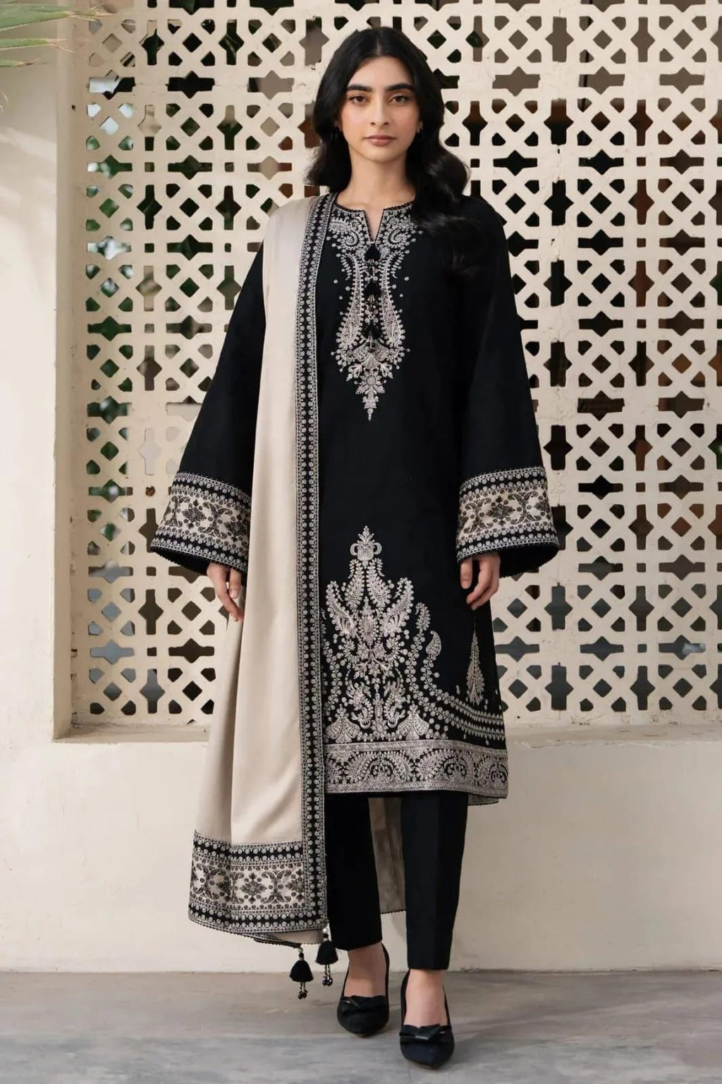 3-Piece Embroidered Black Kurta Set with Beige Shawl - Unstitched