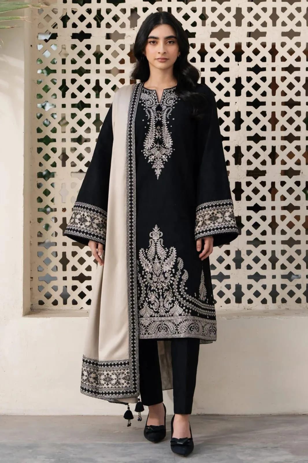 3-Piece Embroidered Black Kurta Set with Beige Shawl - Unstitched