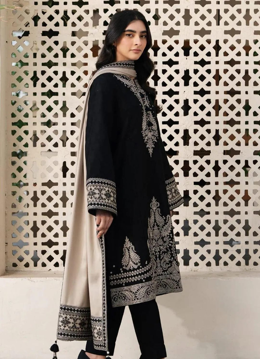 3-Piece Embroidered Black Kurta Set with Beige Shawl - Unstitched