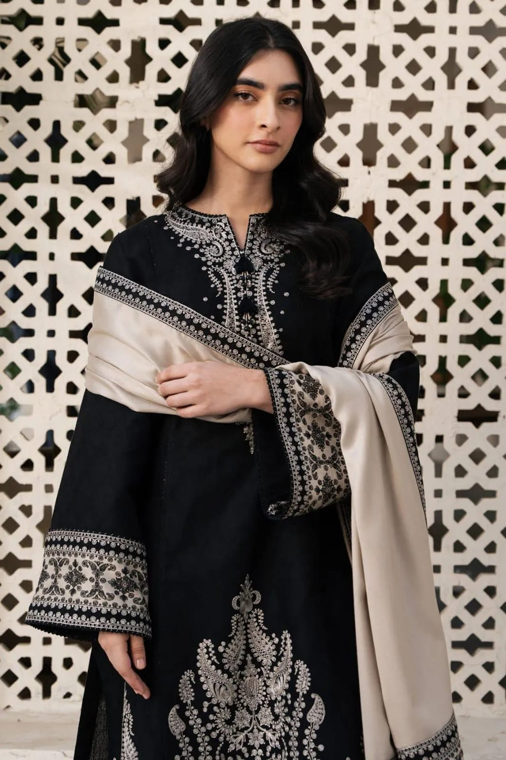 3-Piece Embroidered Black Kurta Set with Beige Shawl - Unstitched