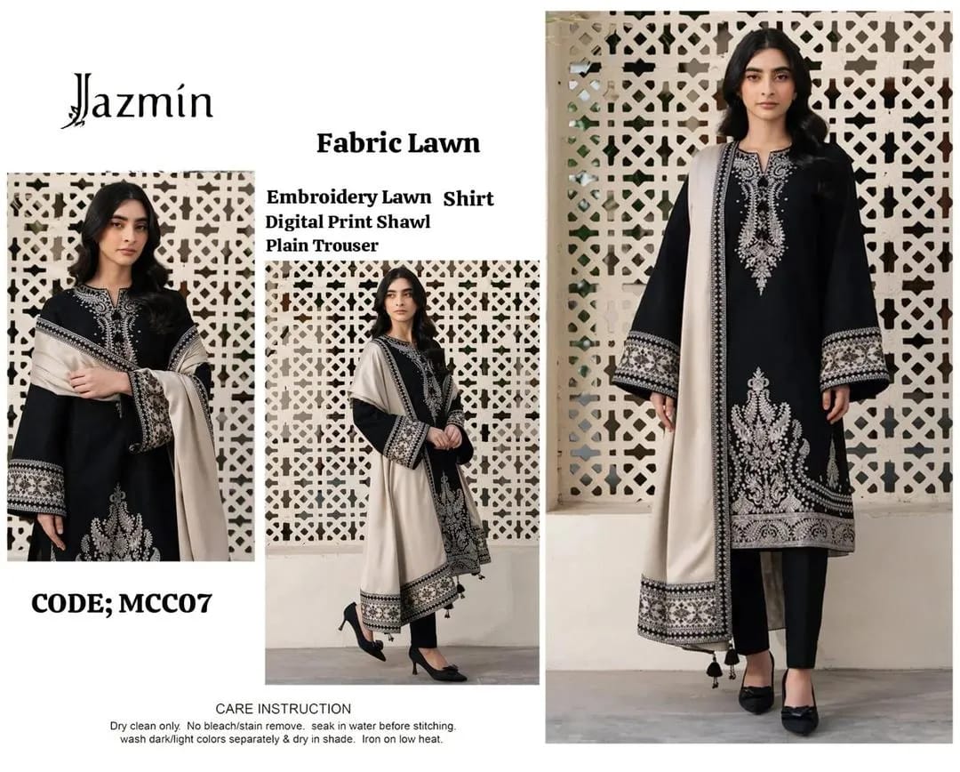 3-Piece Embroidered Black Kurta Set with Beige Shawl - Unstitched