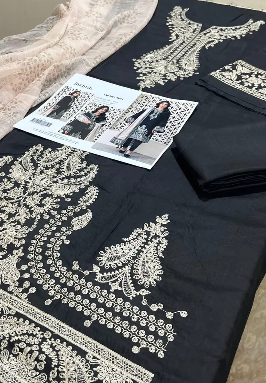 3-Piece Embroidered Black Kurta Set with Beige Shawl - Unstitched