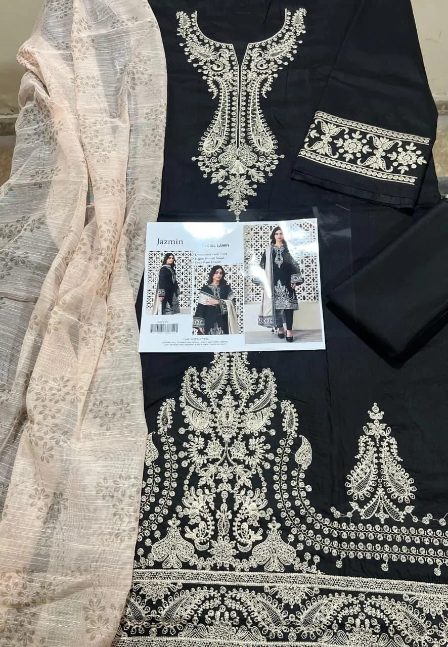 3-Piece Embroidered Black Kurta Set with Beige Shawl - Unstitched