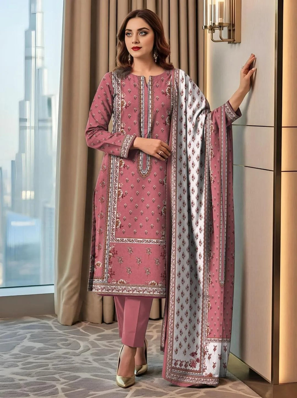 3-Piece Printed Pink Lawn Suit - Unstitched