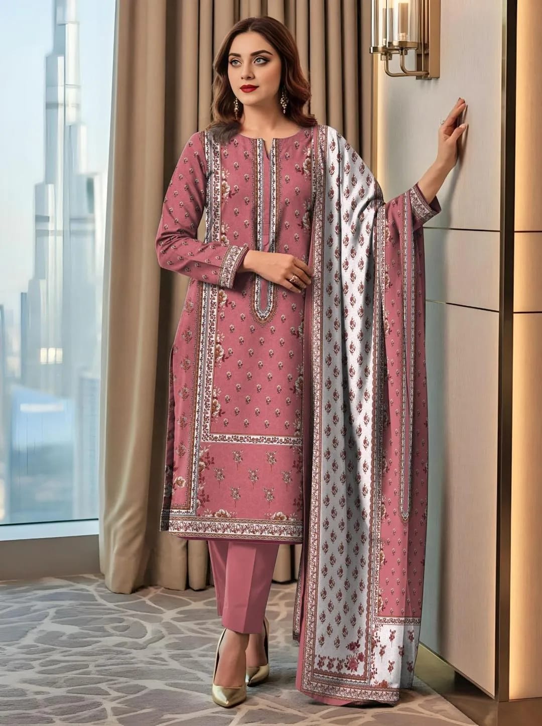 3-Piece Printed Pink Lawn Suit - Unstitched