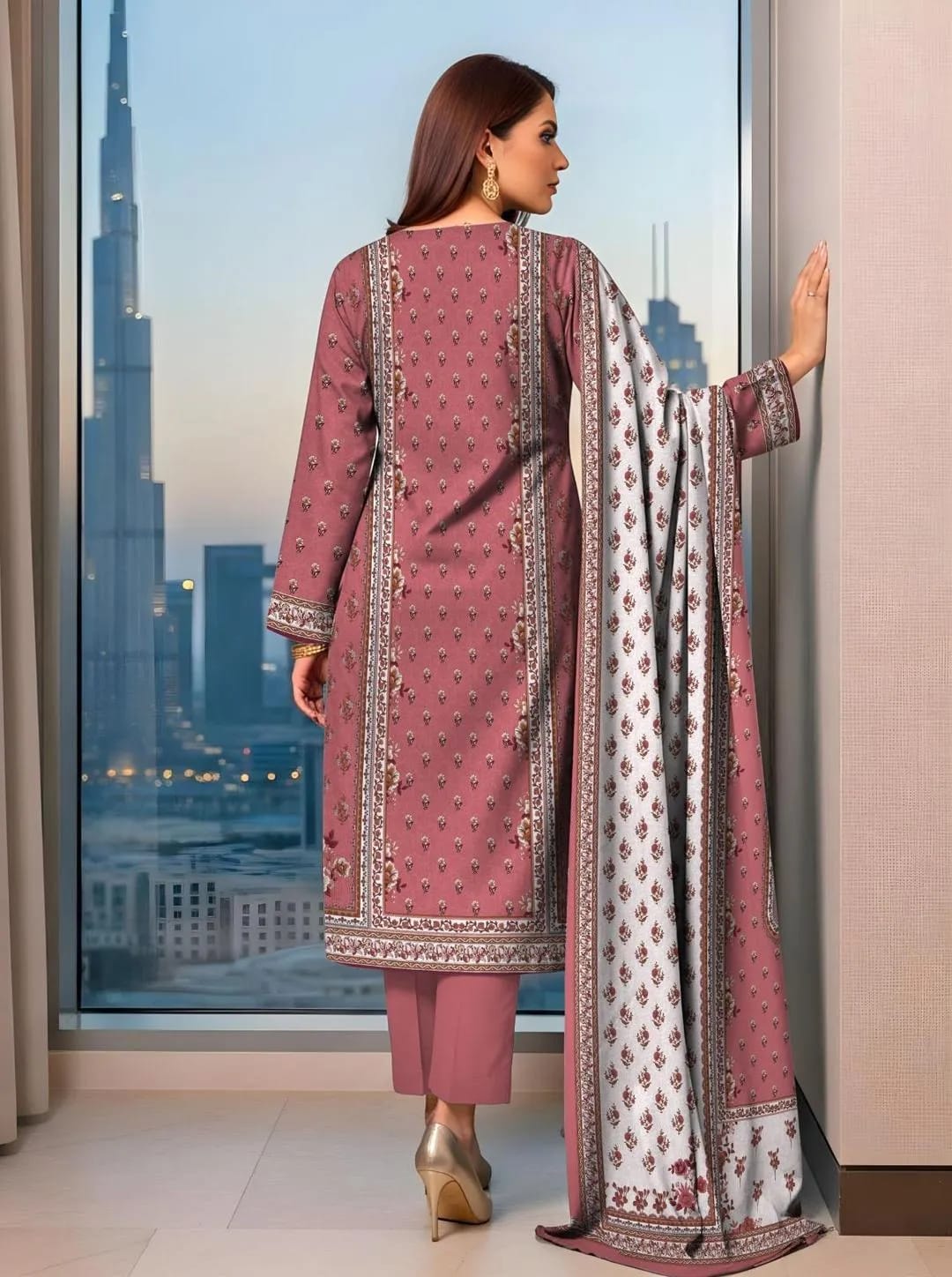 3-Piece Printed Pink Lawn Suit - Unstitched