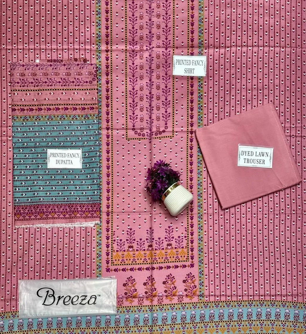 3-Piece Printed Pink Lawn Suit - Unstitched