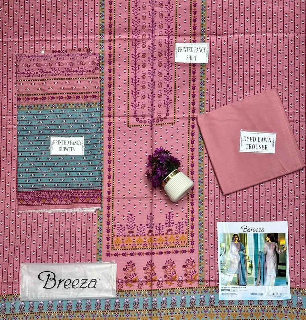 3-Piece Printed Pink Lawn Suit - Unstitched