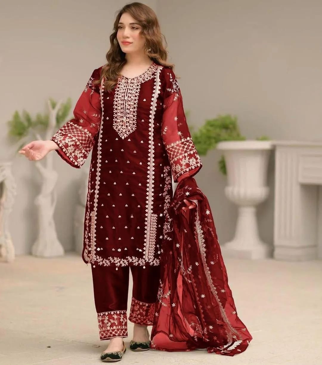 3-Piece Embroidered Maroon Suit for Wedding - Unstitched
