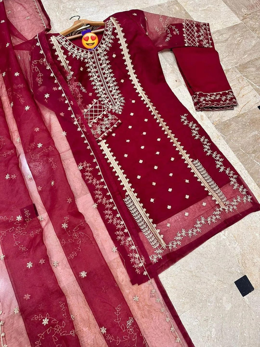 3-Piece Embroidered Maroon Suit for Wedding - Unstitched