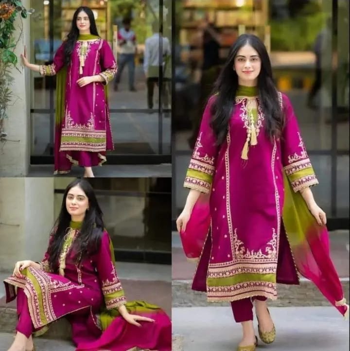 3-Piece Embroidered Pink Lawn Suit - Unstitched