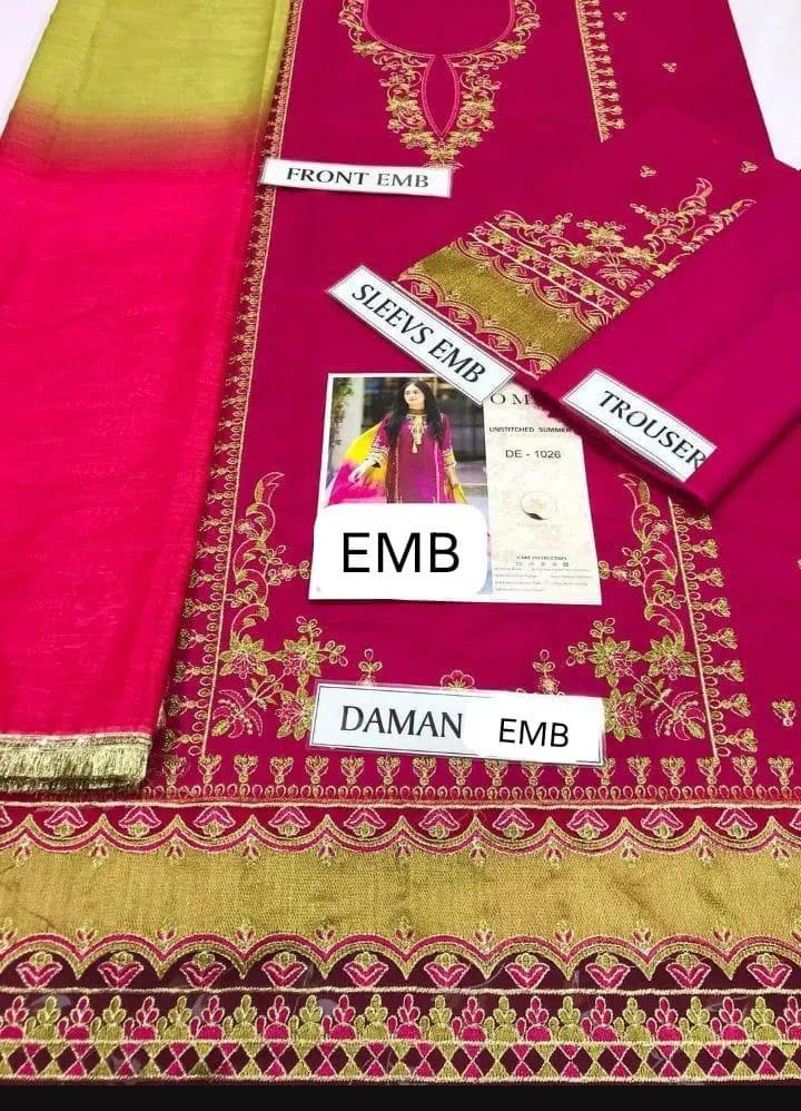 3-Piece Embroidered Pink Lawn Suit - Unstitched