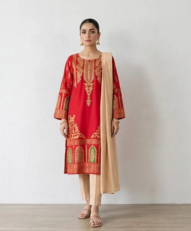 3-Piece Embroidered Red Kurta with Beige Dupatta - Stitched