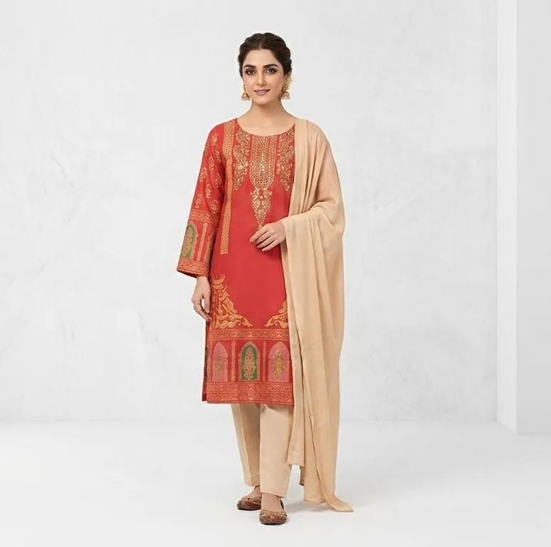 3-Piece Embroidered Red Kurta with Beige Dupatta - Stitched