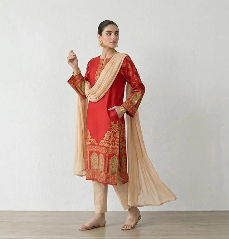 3-Piece Embroidered Red Kurta with Beige Dupatta - Stitched