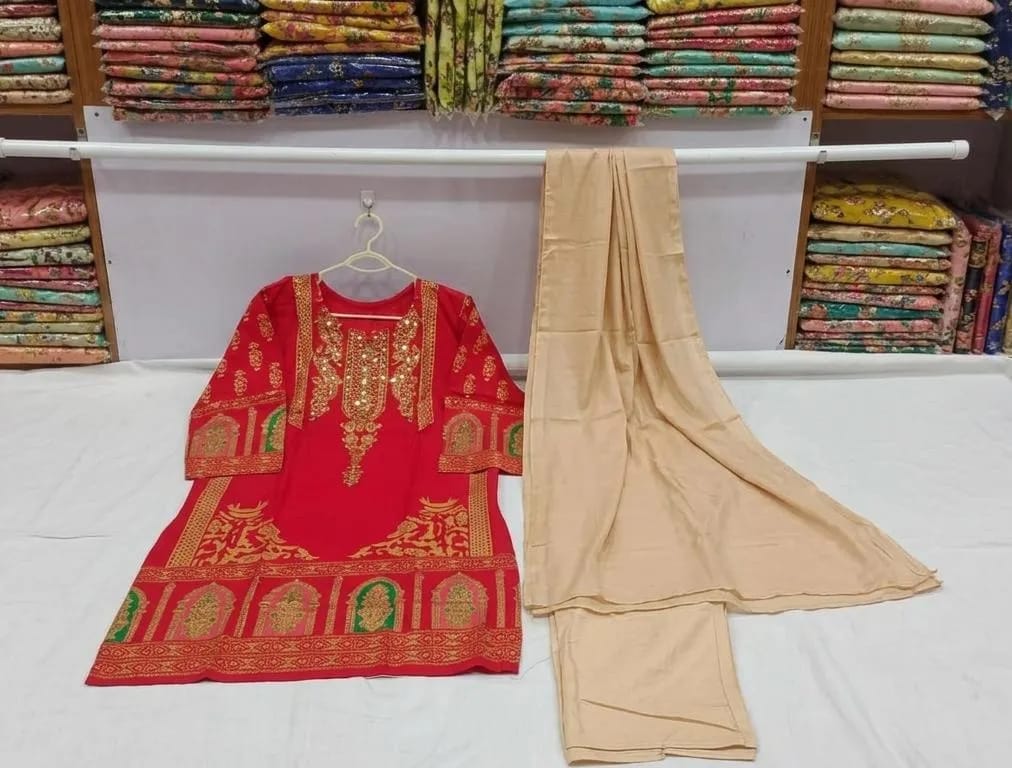 3-Piece Embroidered Red Kurta with Beige Dupatta - Stitched