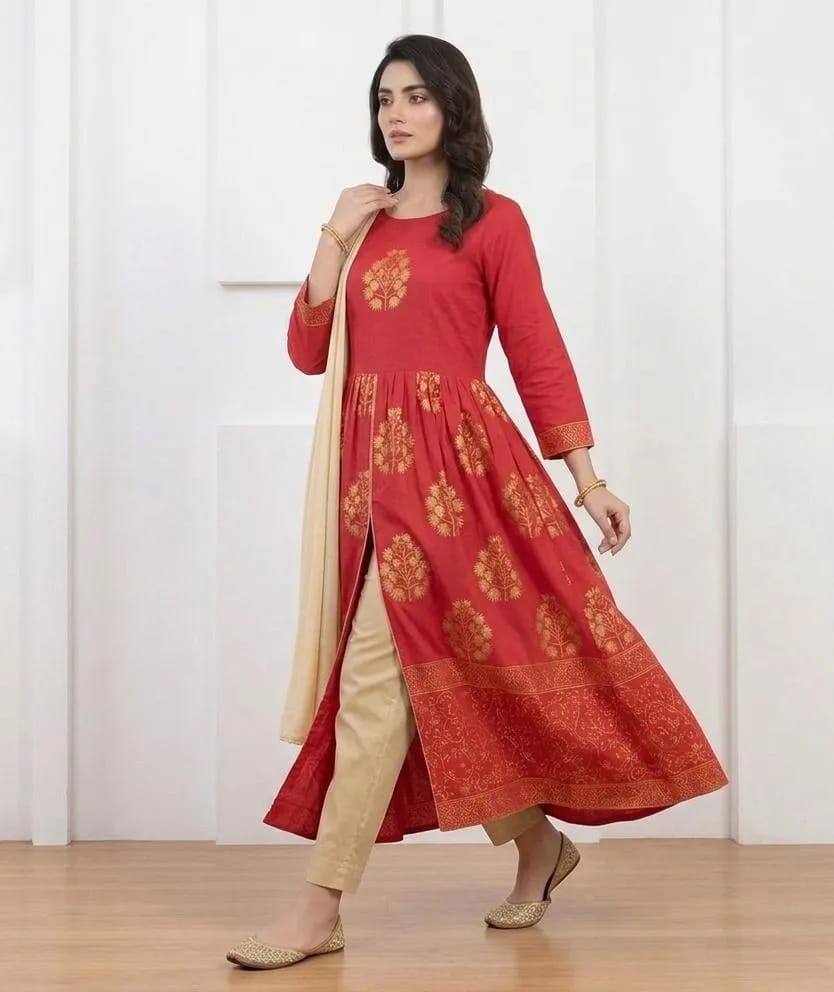 3-Piece Printed Red Lawn Suit - Stitched