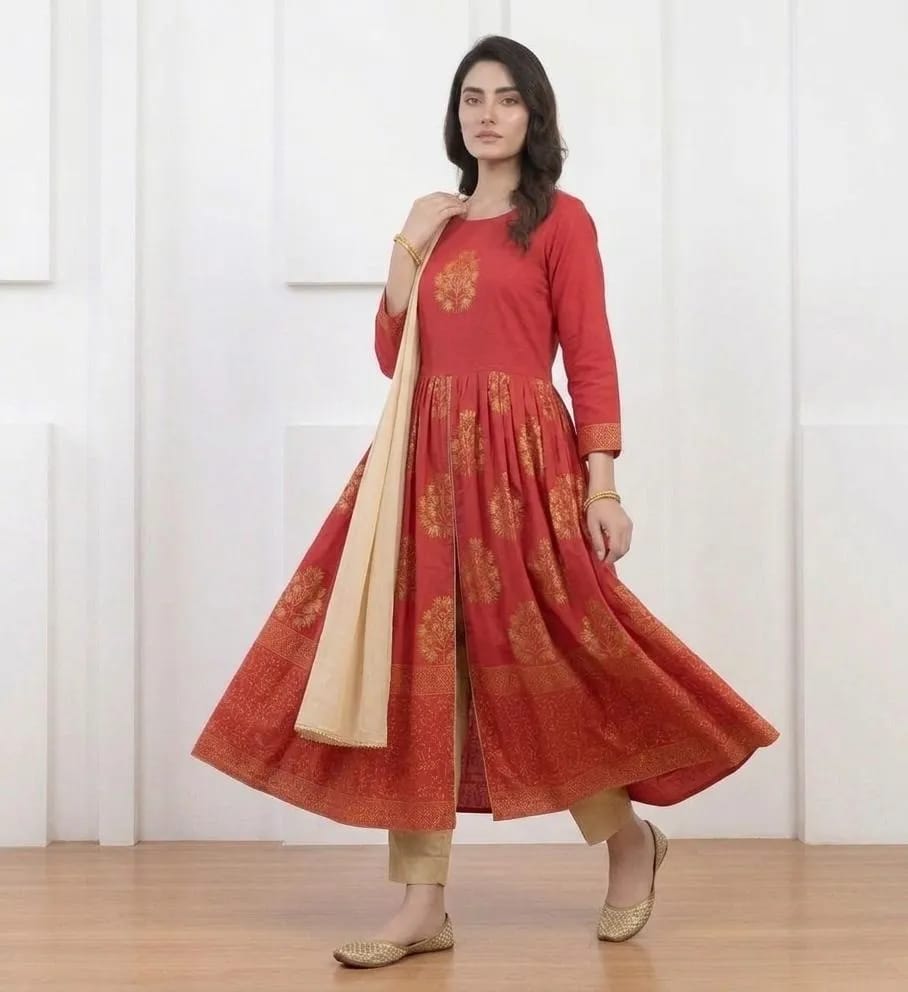 3-Piece Printed Red Lawn Suit - Stitched