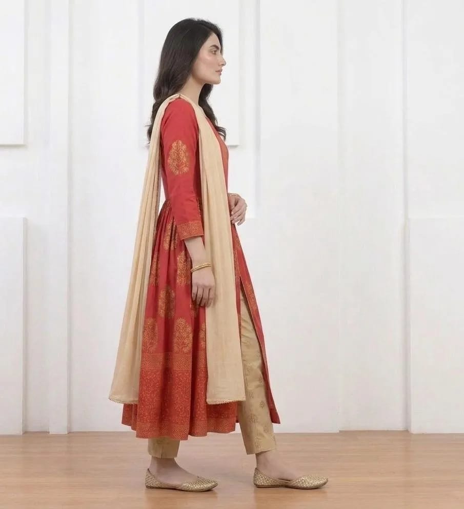 3-Piece Printed Red Lawn Suit - Stitched